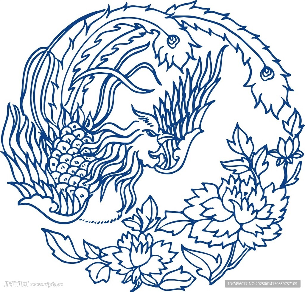 龙与花卉环绕图案