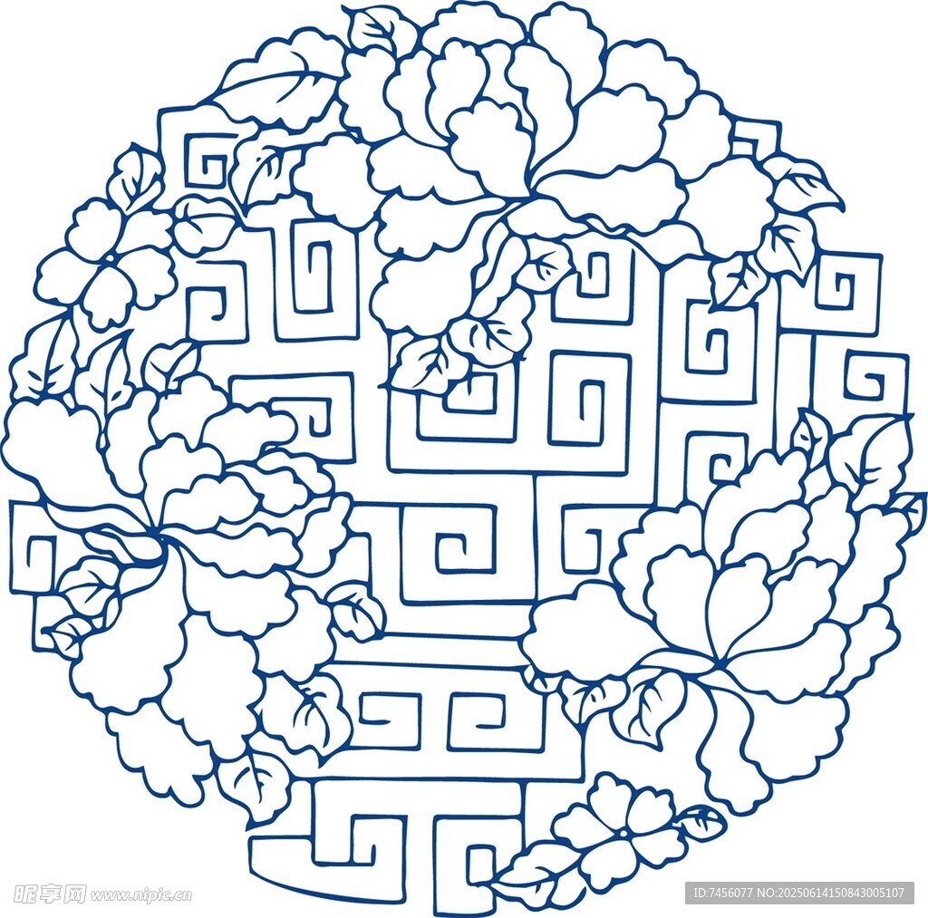 中式牡丹回纹圆形图案