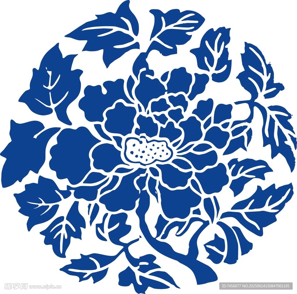蓝白牡丹花卉传统图案