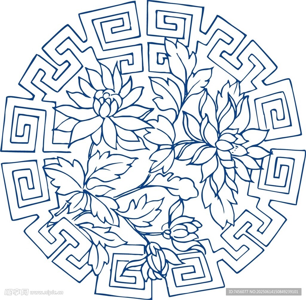中式蓝白花卉几何纹图案