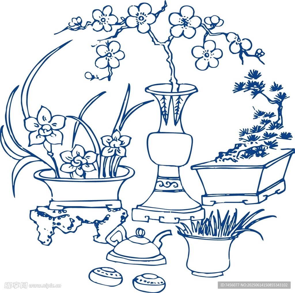 中式盆栽插画雅致古韵