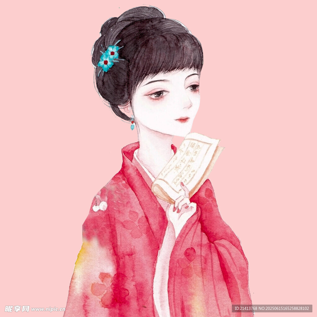 古风红衣持扇优雅女子
