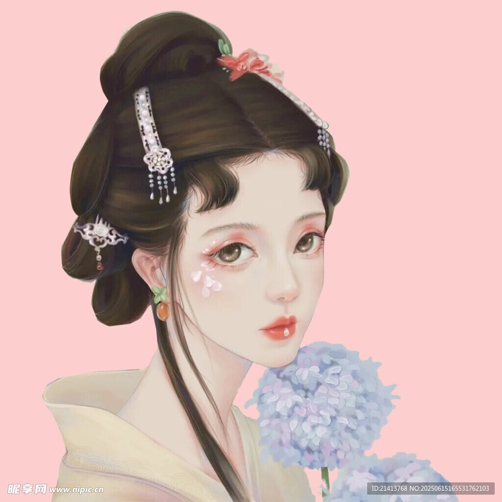 古风佳人持花图