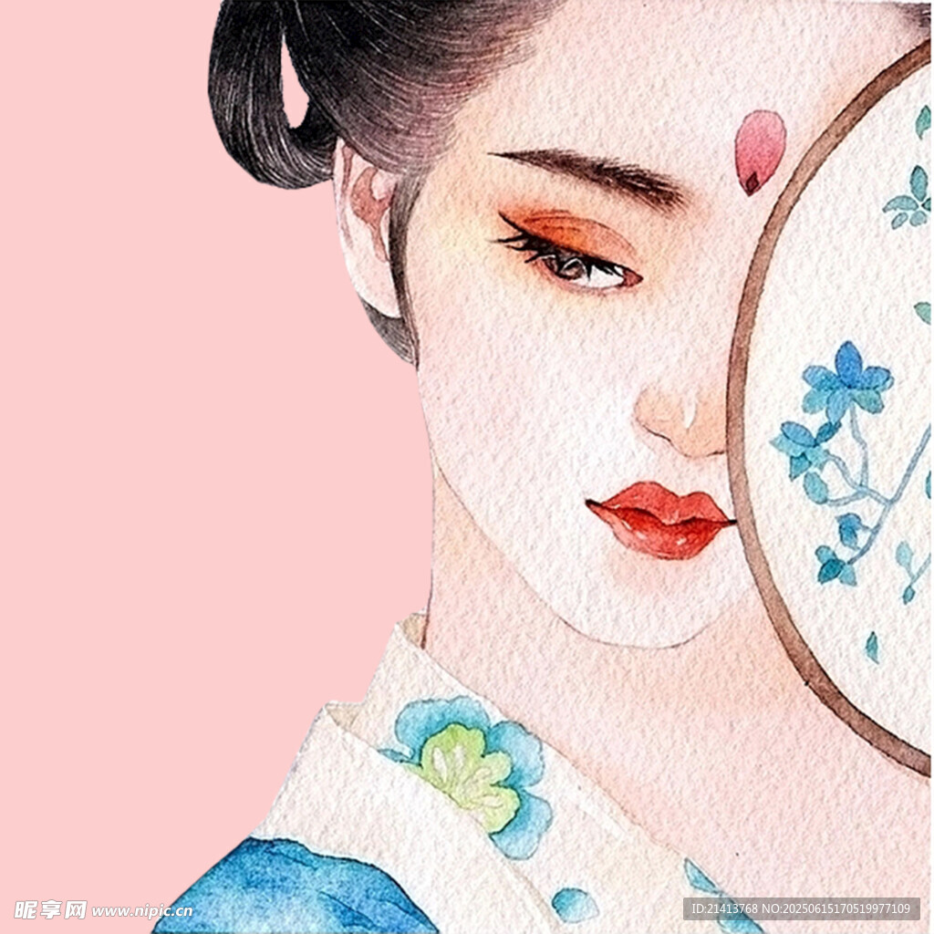 古典美人持扇半遮面