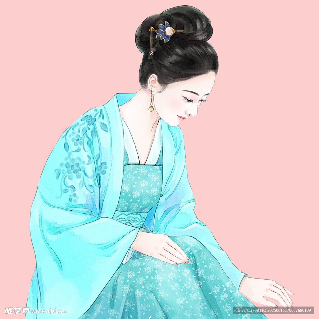 古风女子着蓝裳优雅姿态