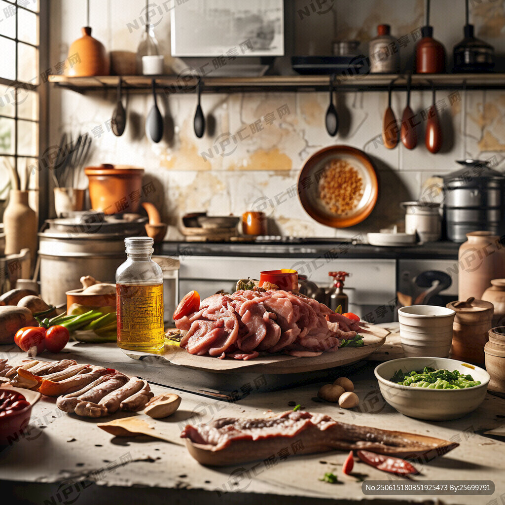 中餐厨房工作台 现实场景 肉