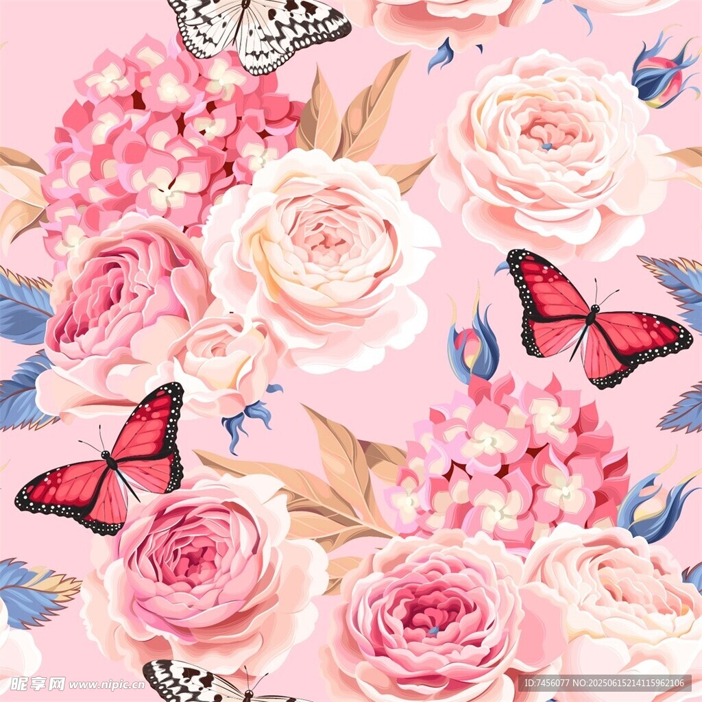 粉色花卉与蝴蝶梦幻图案
