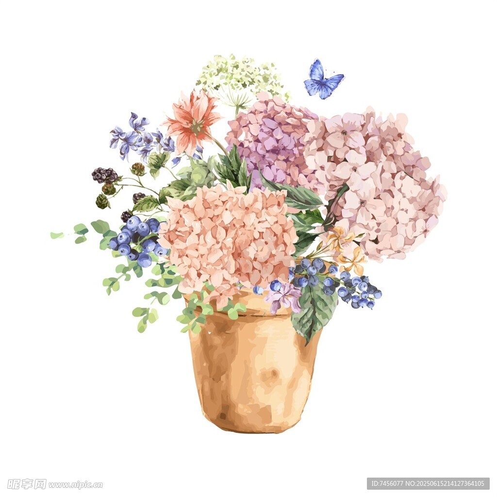 木盆中的多彩花卉插画