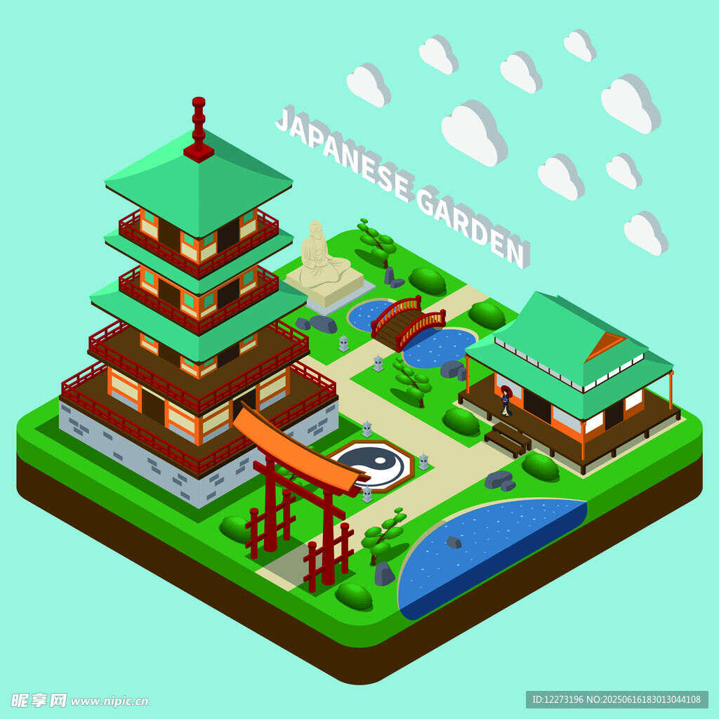 日式立体风格传统建筑景观