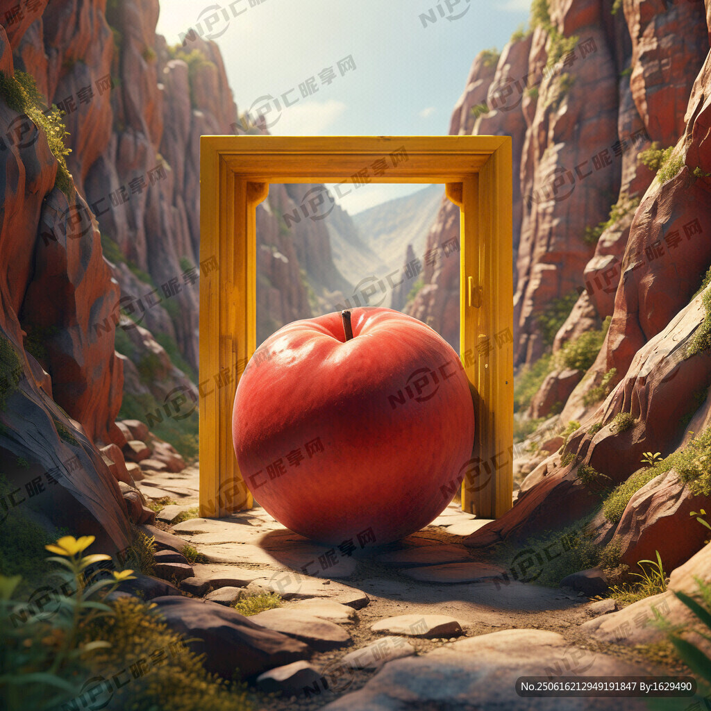 一颗红色的水蜜桃上面有一扇黄色