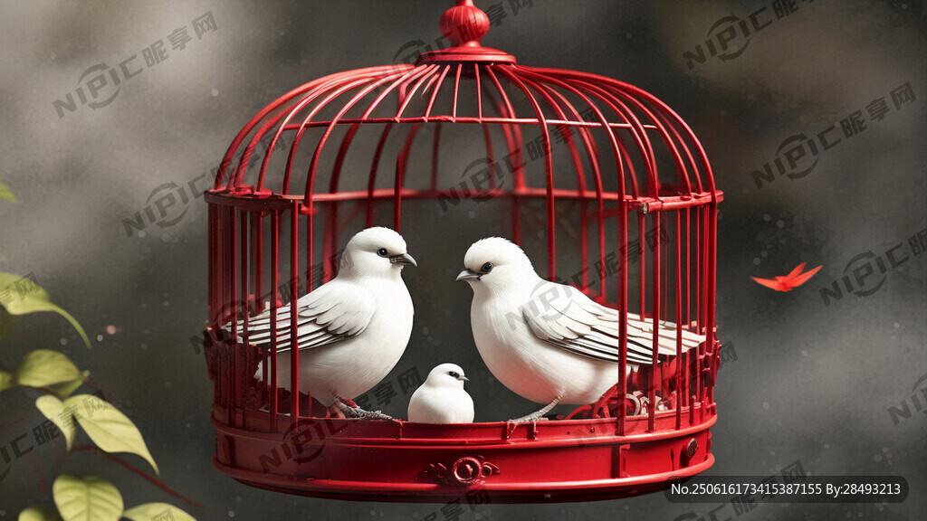 鸟笼 红色 白色 两只小鸟