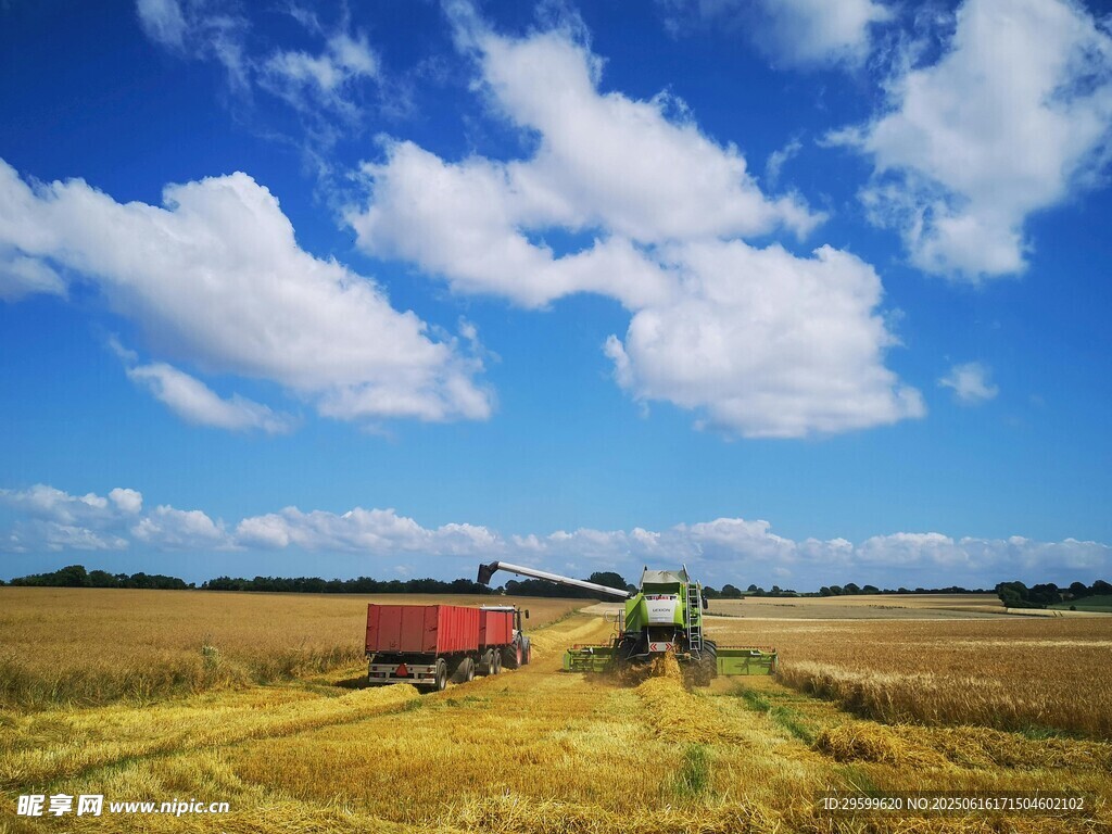 田野中的红色农机作业场景