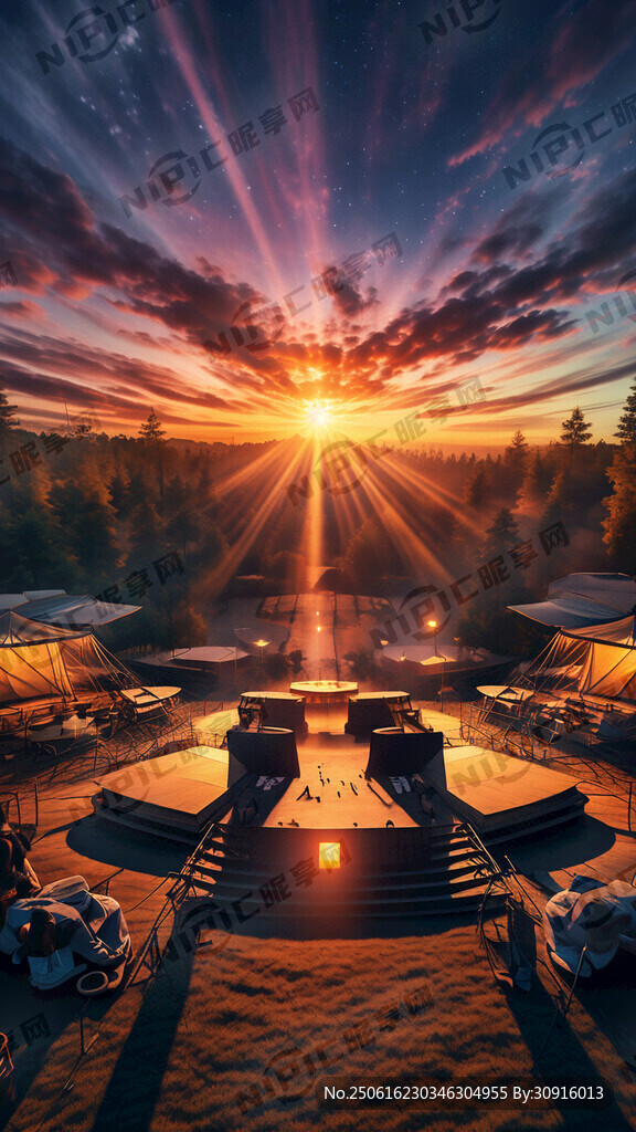 旷野营地里有舞台在日落光影里