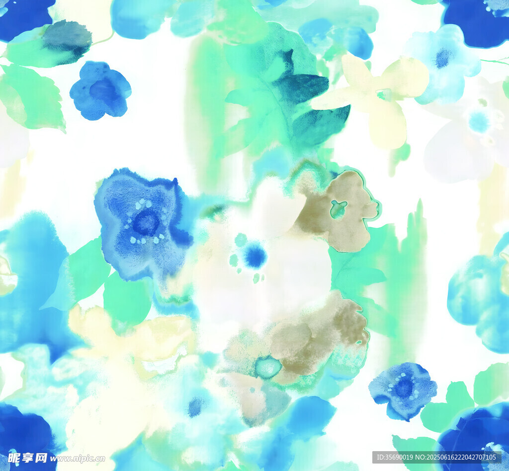 蓝绿花卉水彩抽象图案