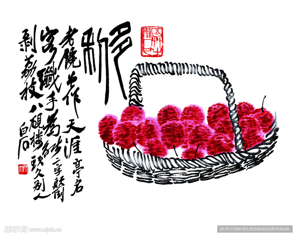 水墨风篮中盛放红牡丹