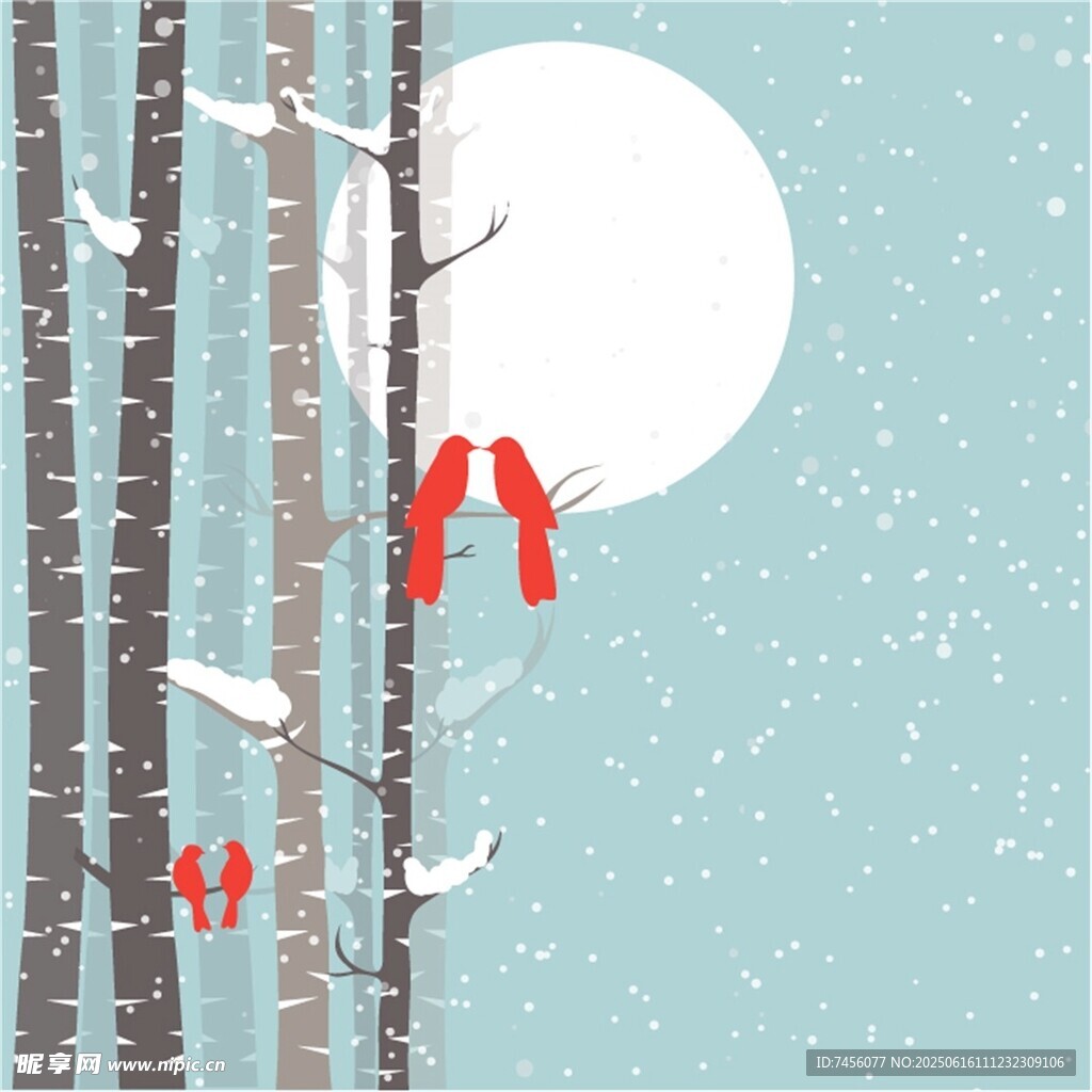 雪夜林间的红衣情侣