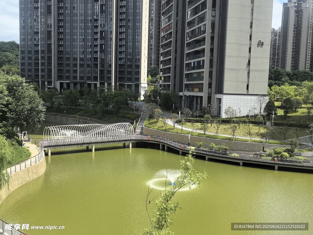 小区内的碧绿景观水池