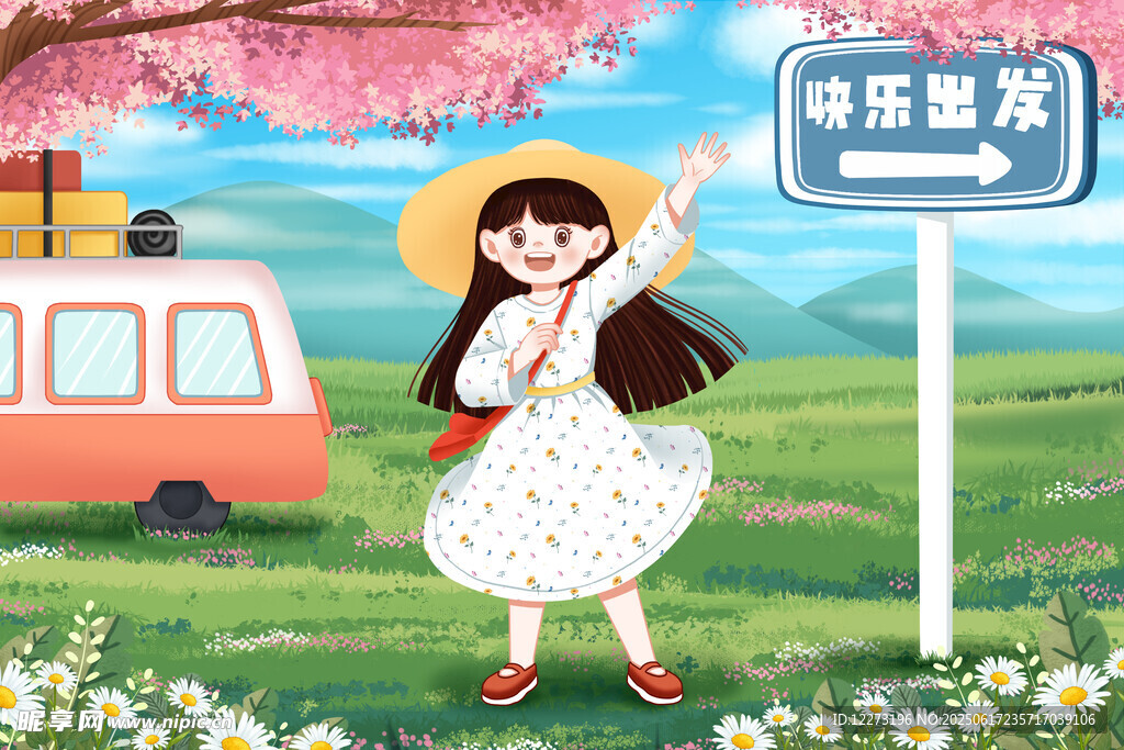 春日女孩在田野快乐出游