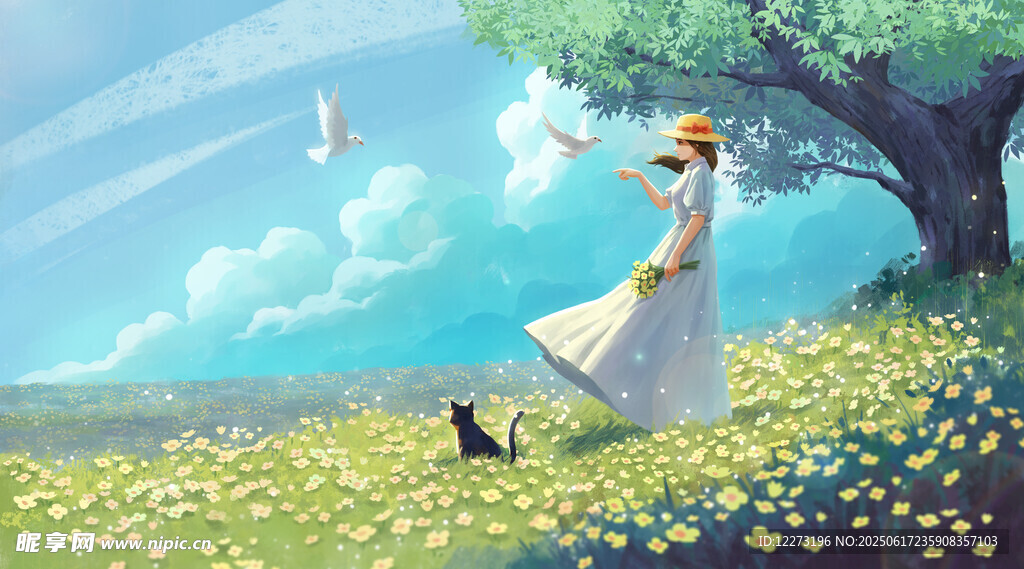 树下少女与猫的梦幻场景