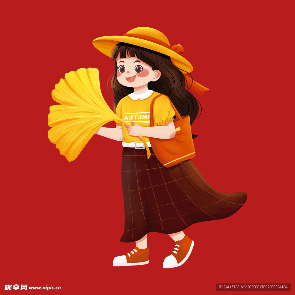 秋日少女持扇欢快出行