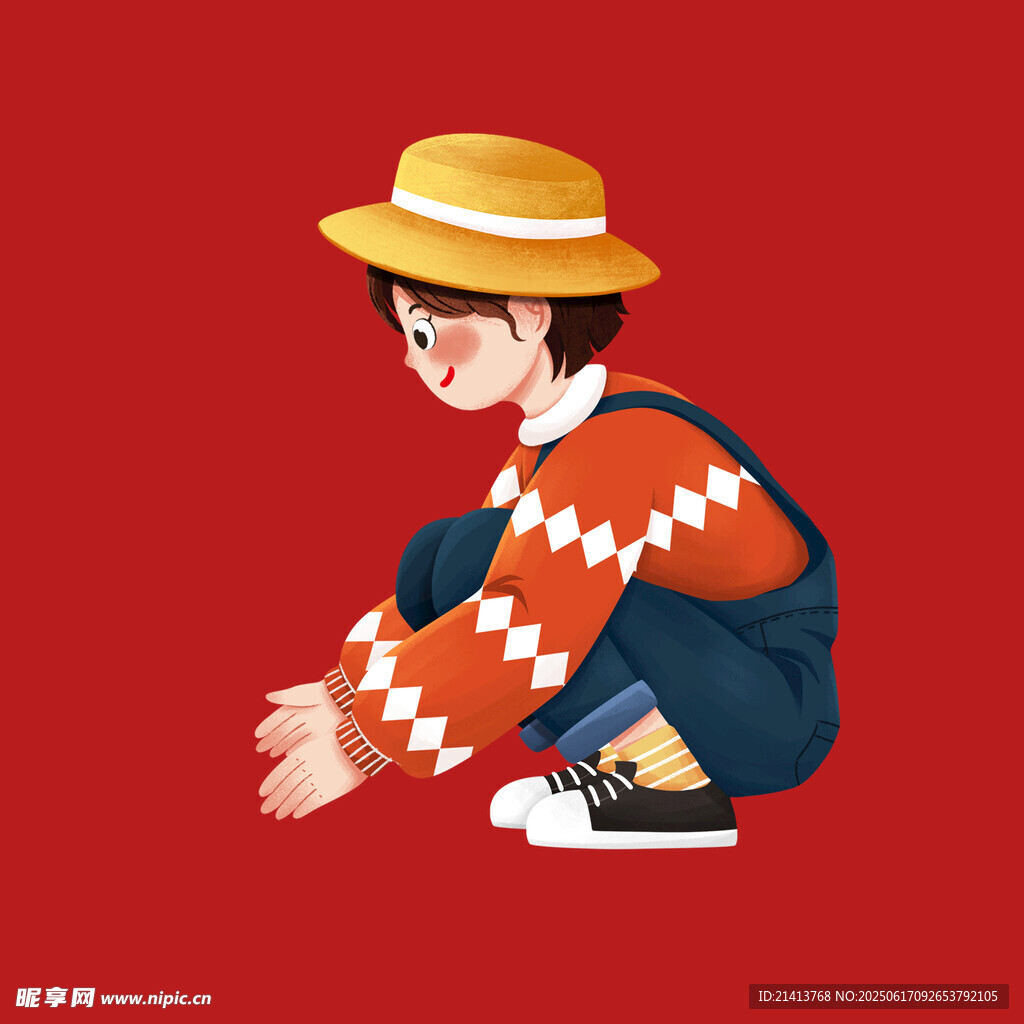 戴帽蹲坐的时尚少年