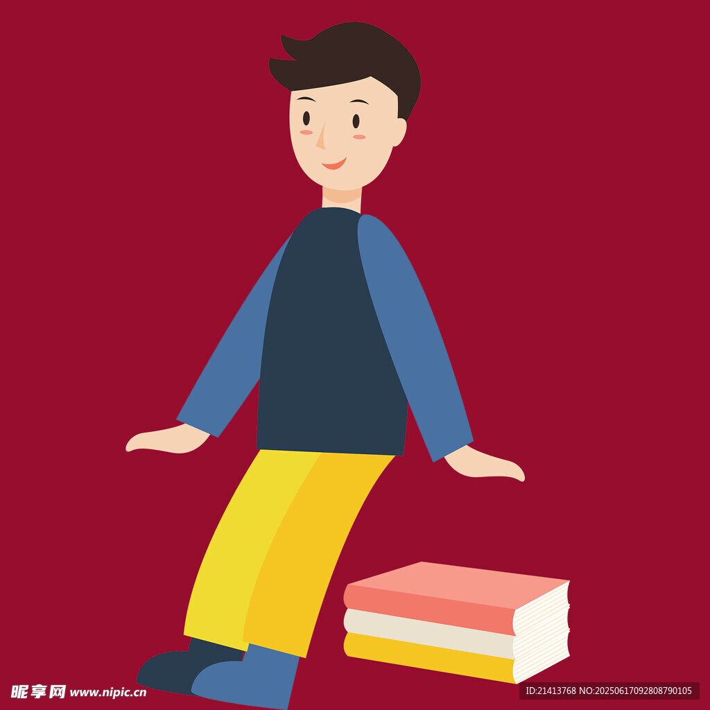 男孩踩书站立 神情自信