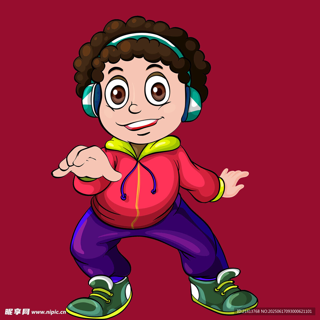 戴耳机跳舞的活力卡通少年