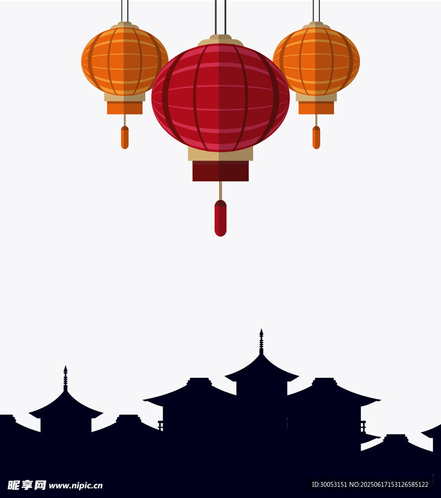 中式灯笼与古建筑剪影