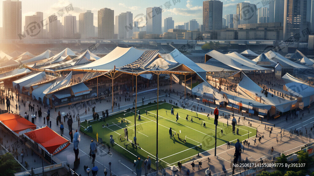 足球场 外场 顶视 帐篷 人流
