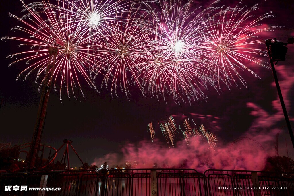 夜空中绚烂的粉色烟花