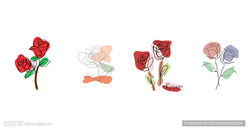 连续线条玫瑰花卉极简主义png