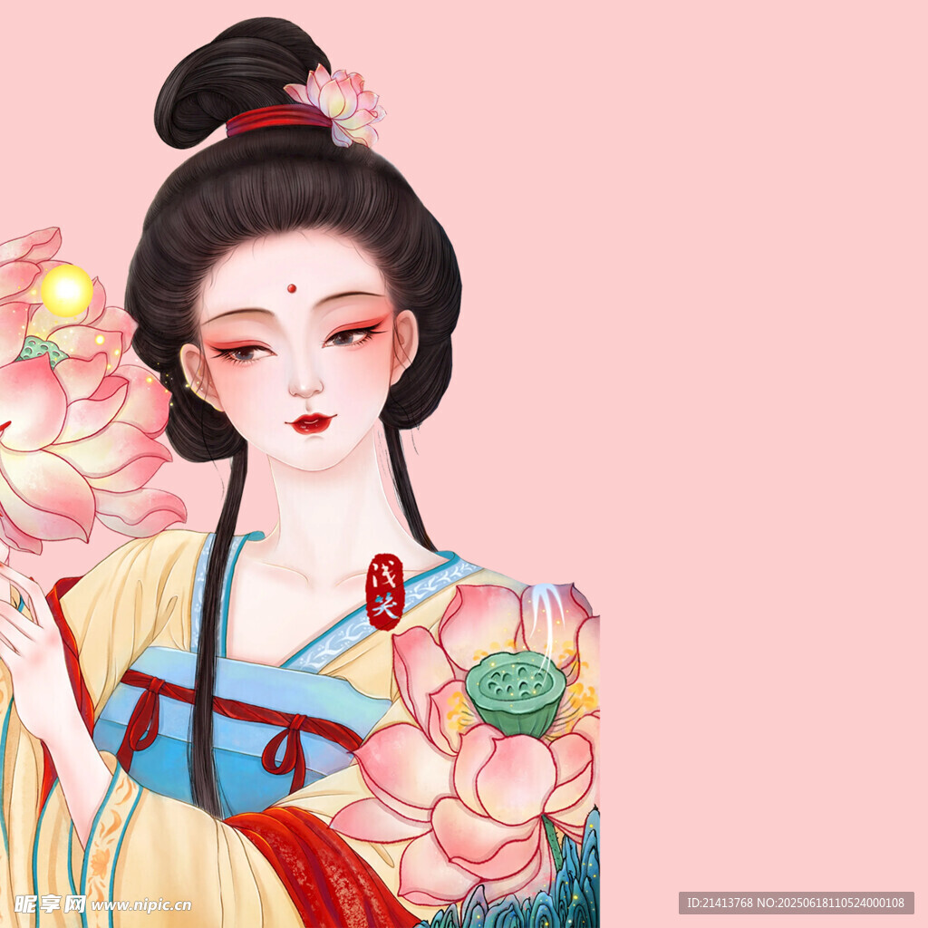 古风美人持荷图