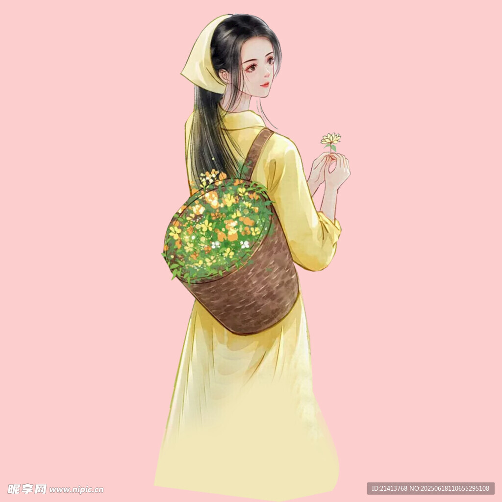 身着黄衣背果篮的古典女子