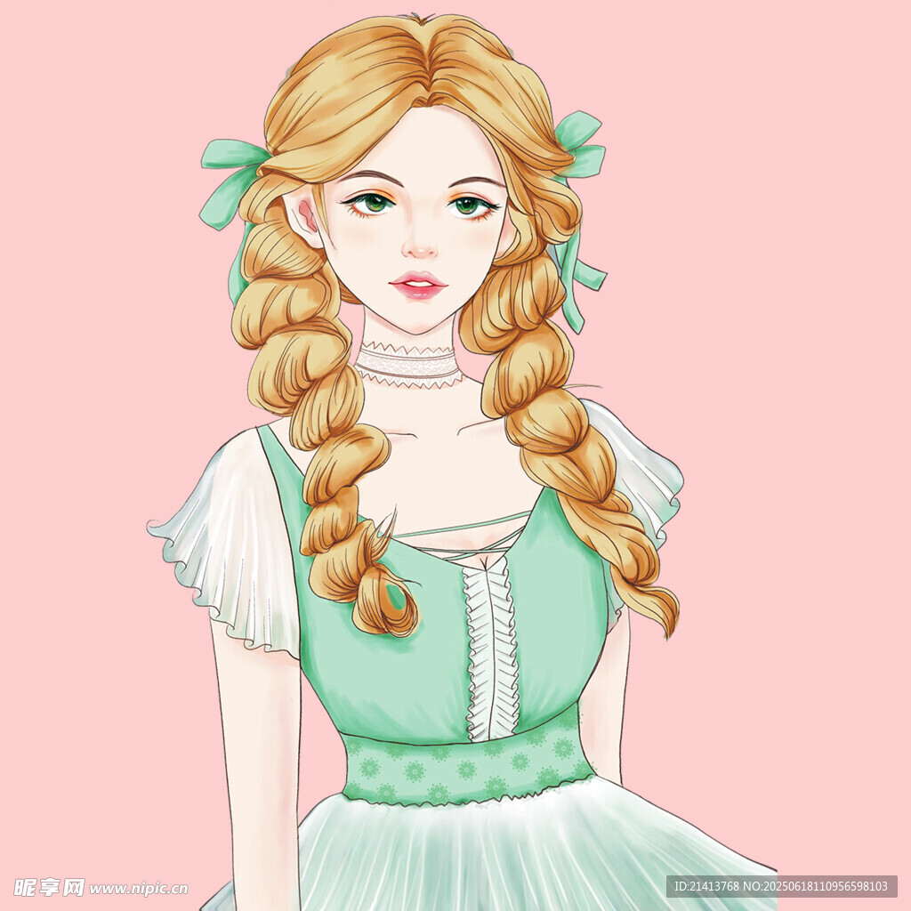 金发双辫的甜美少女