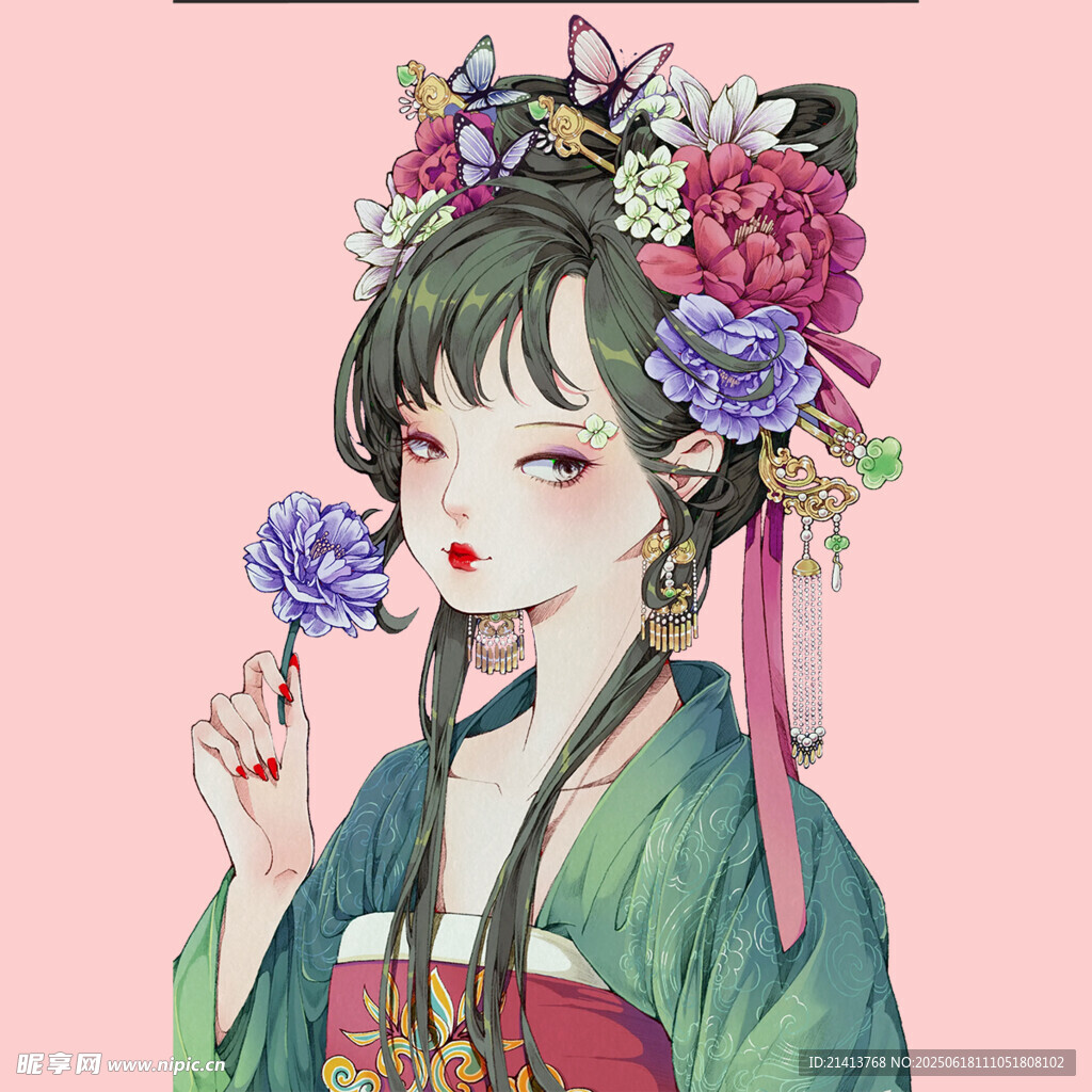 古风少女手持紫花簪花