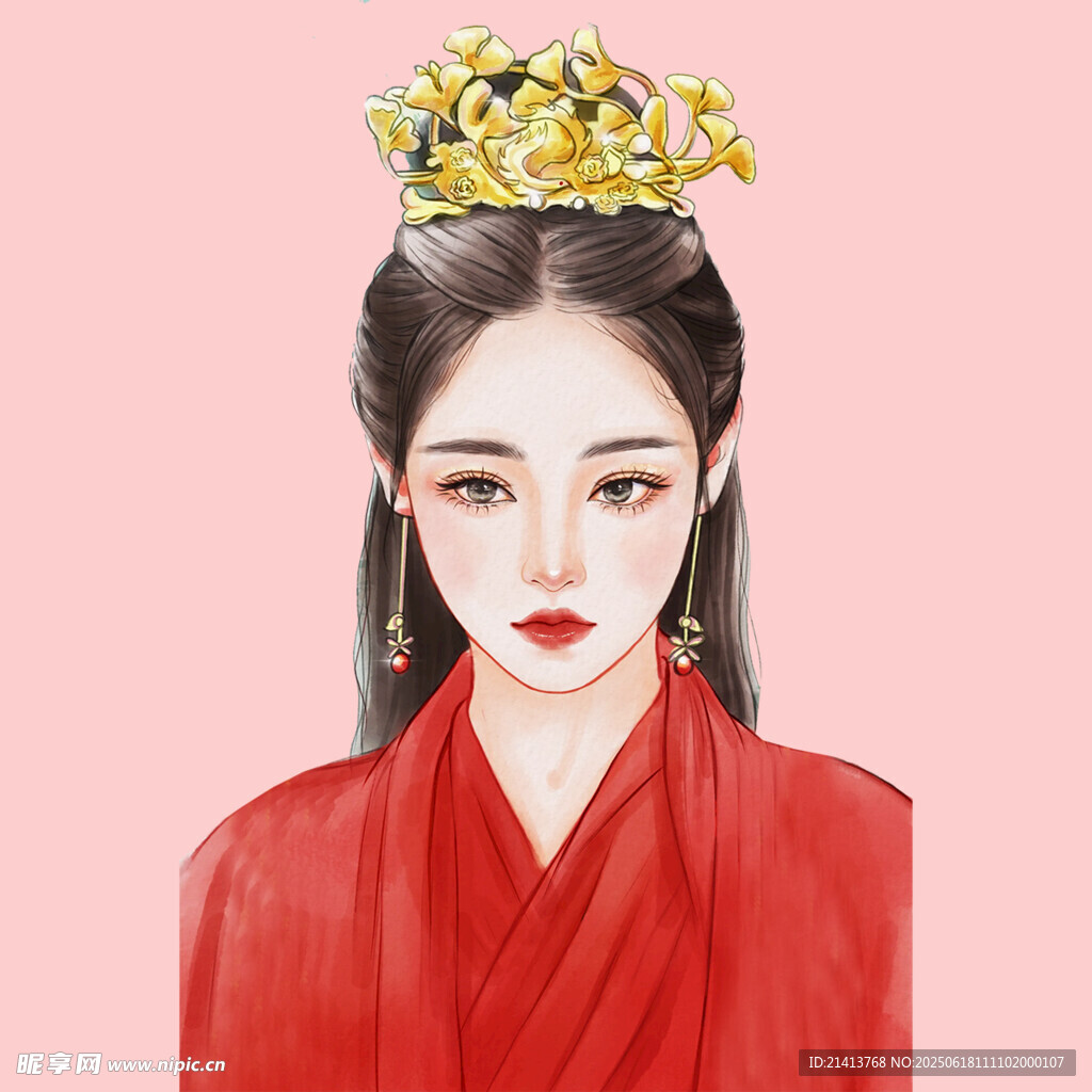 红衣女子头戴华丽金冠