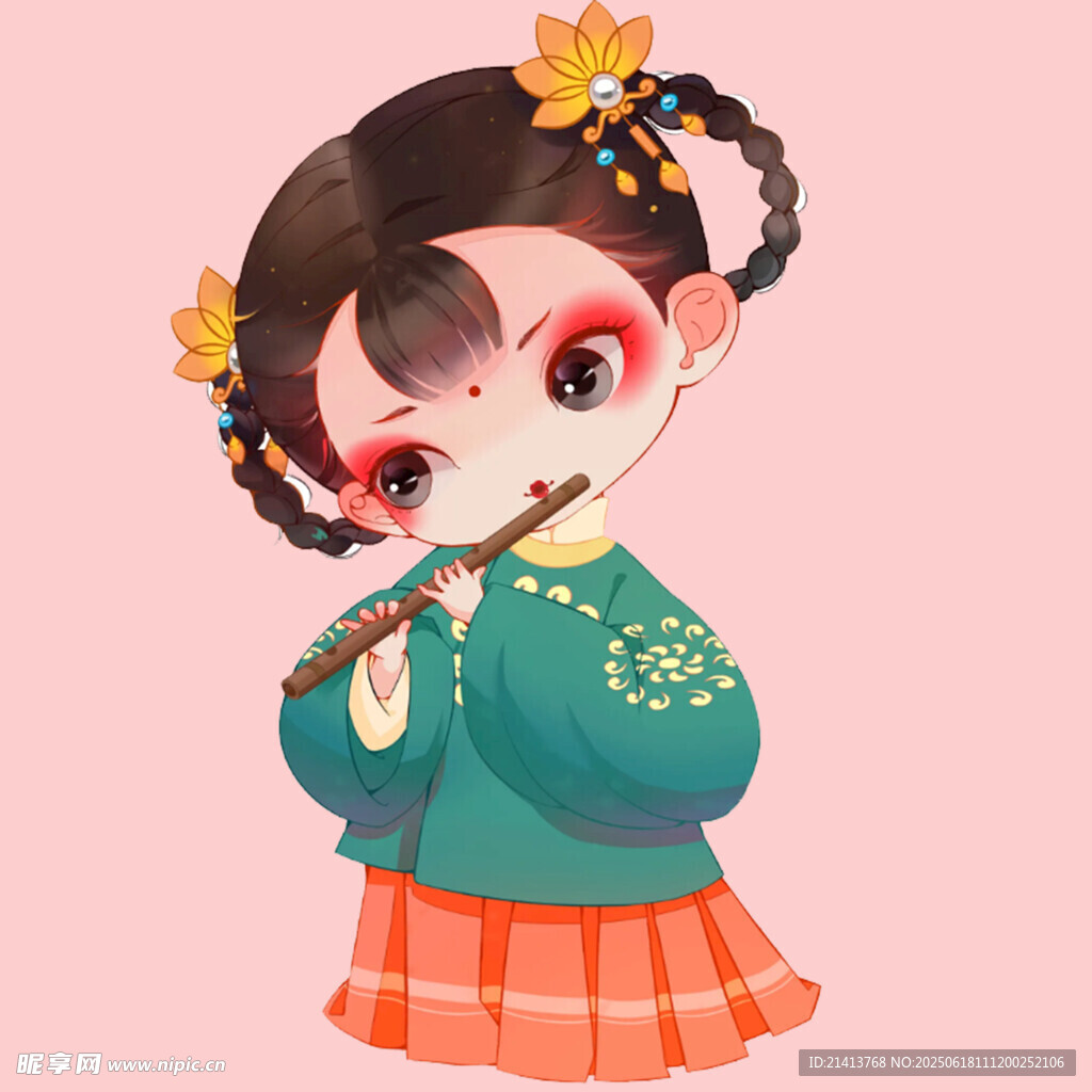 吹笛的国风可爱小女孩