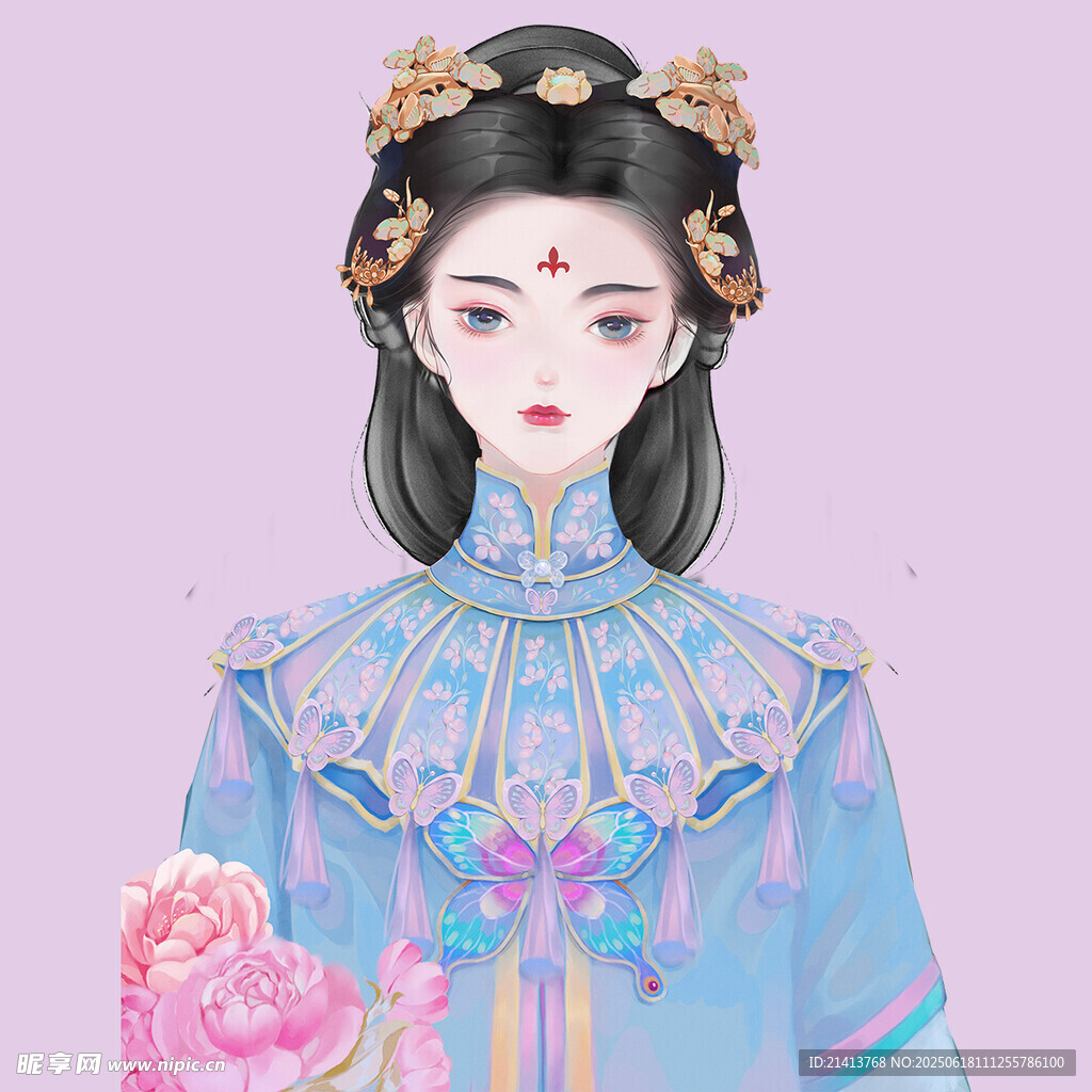 古风旗袍女子手持粉花