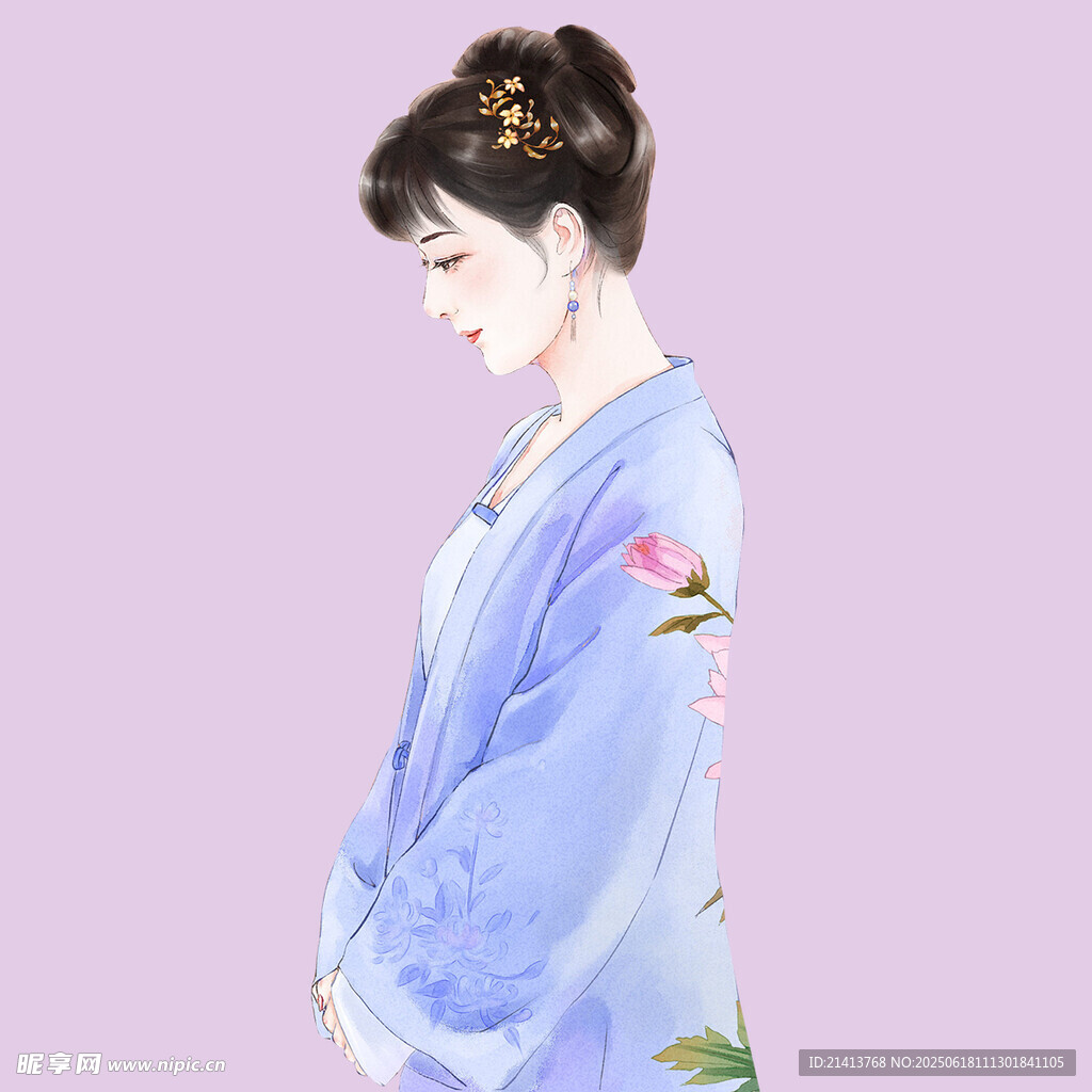 古风女子身着蓝裳簪花