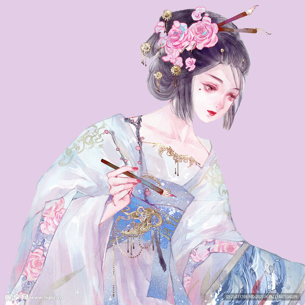 古风汉服女子持扇优雅图