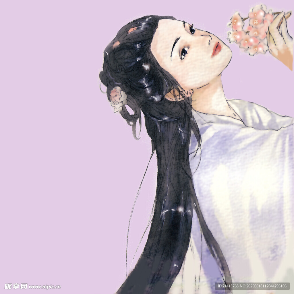 古风女子闻花图