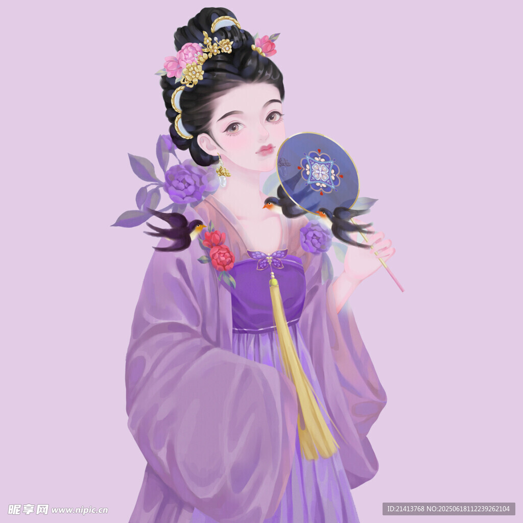古典紫衣女子手持团扇