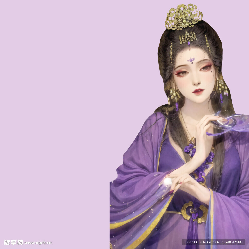古风紫衣女子持扇优雅而立