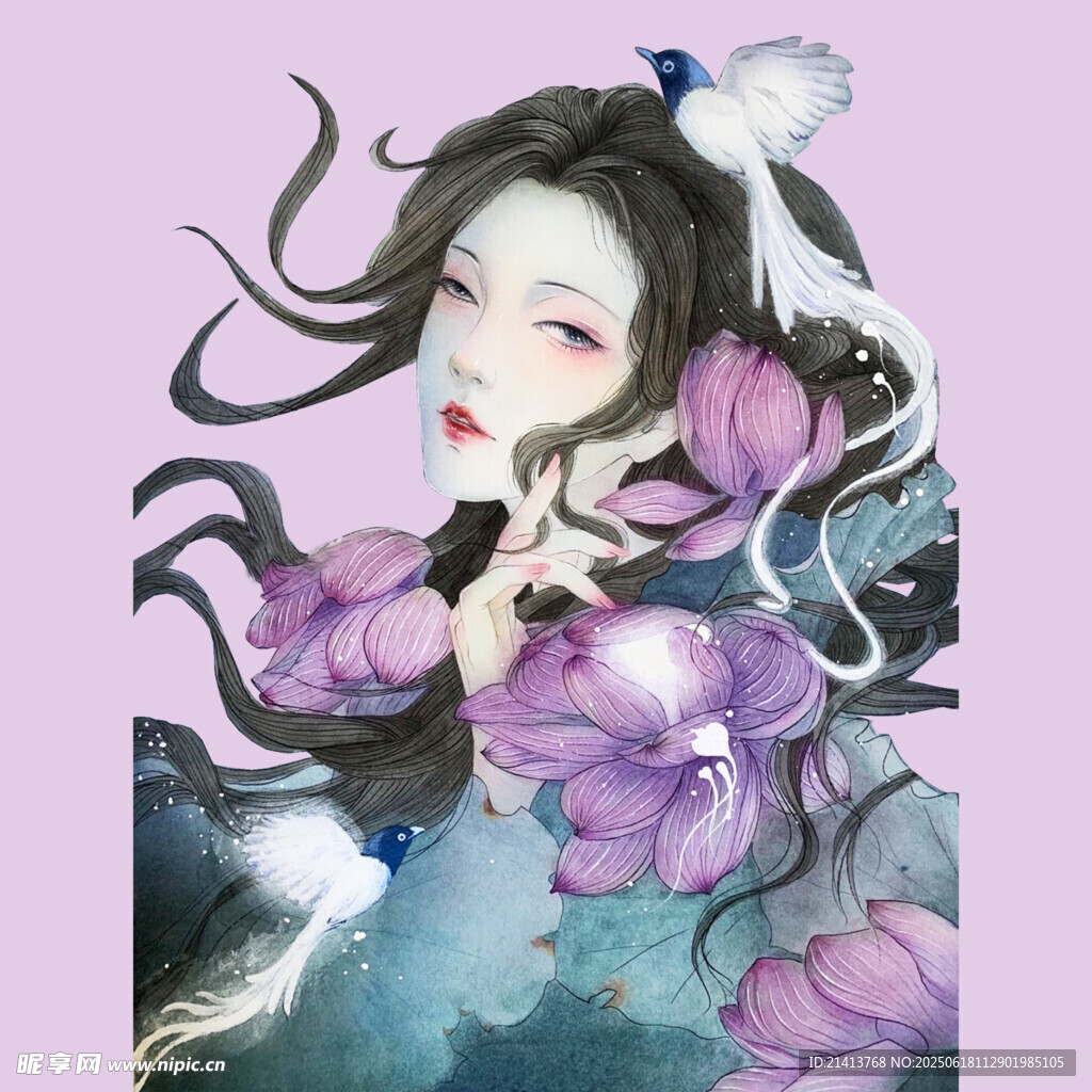 古风美人与飞鸟花卉图