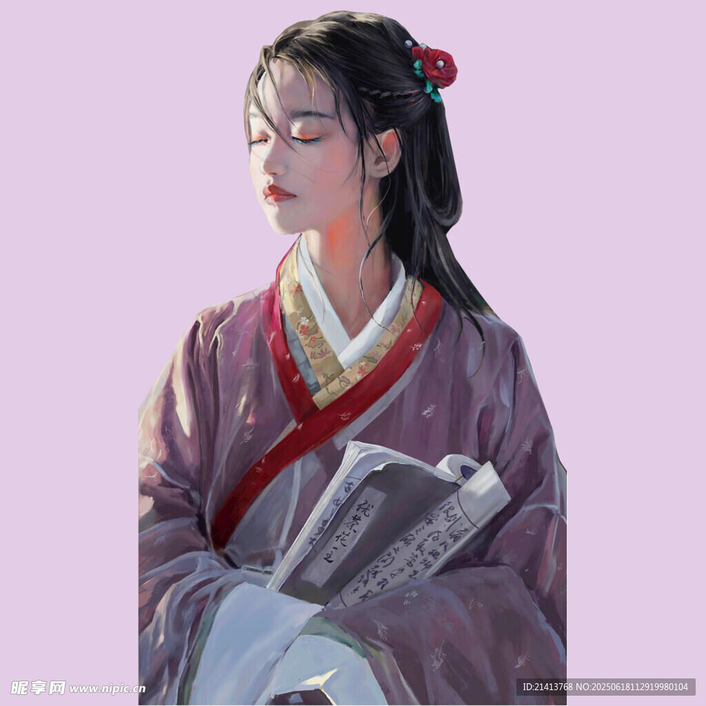 古风女子持书卷侧颜图