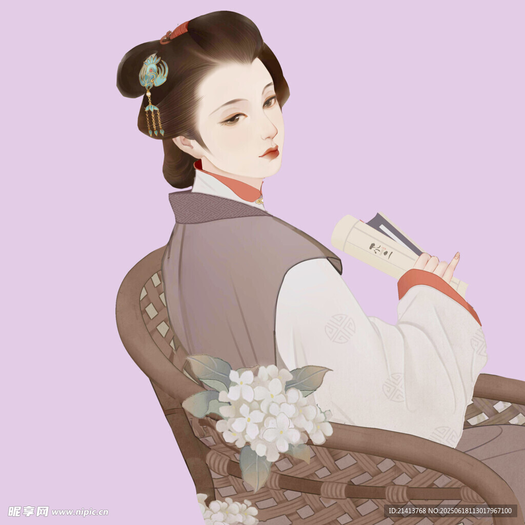 古风女子持物坐于椅上