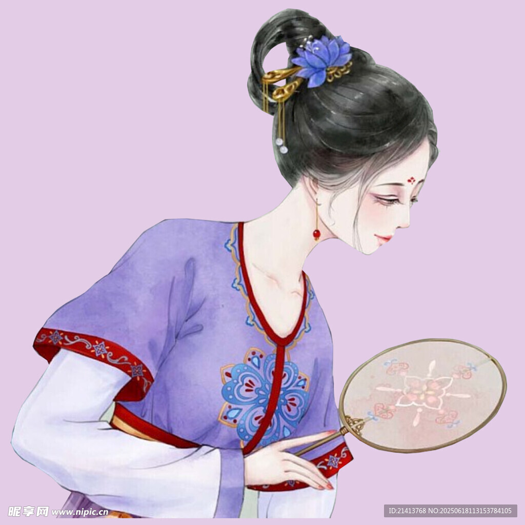 古典紫衣女子持扇赏景