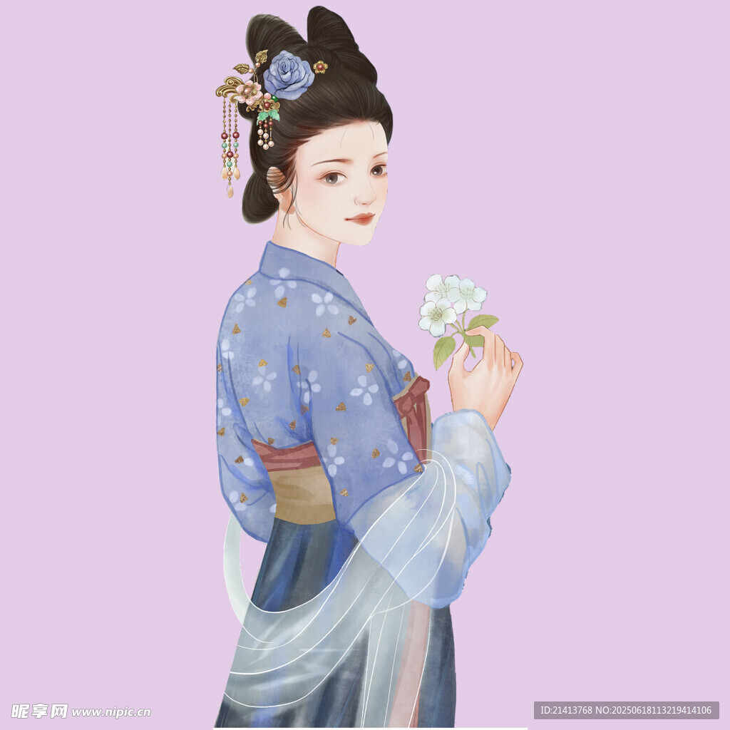 古典汉服女子手持花饰