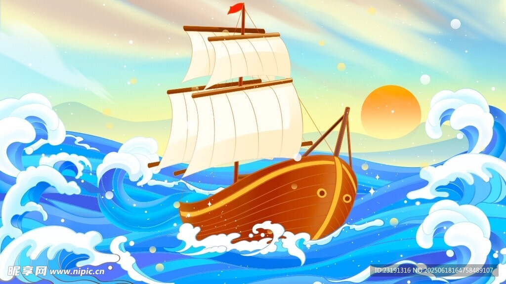 海上帆船在波涛中航行