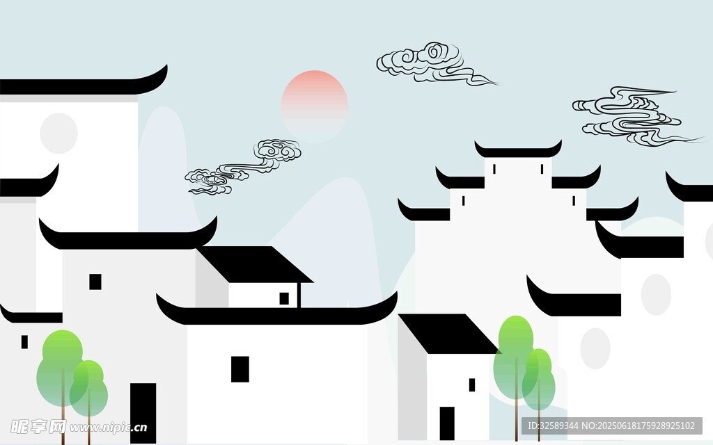 水墨江南民居风景图